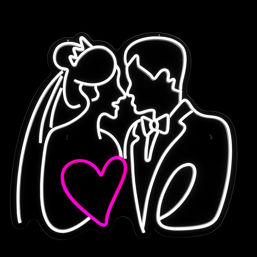 Néon LED Couple Mariés avec Cœur Rose – Enseigne Lumineuse Romantique pour Mariage