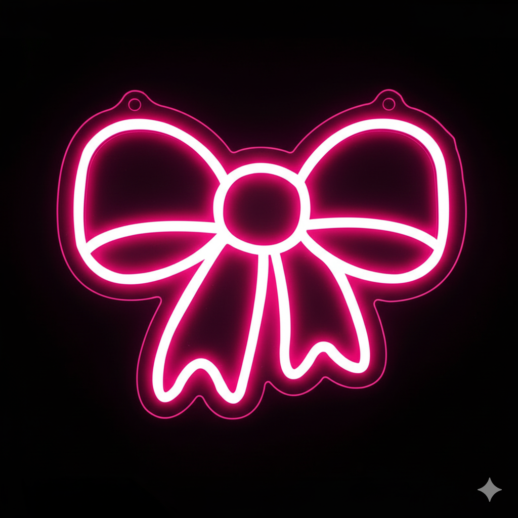 Néon LED Nœud Rose lumineux avec contour transparent sur fond rose.