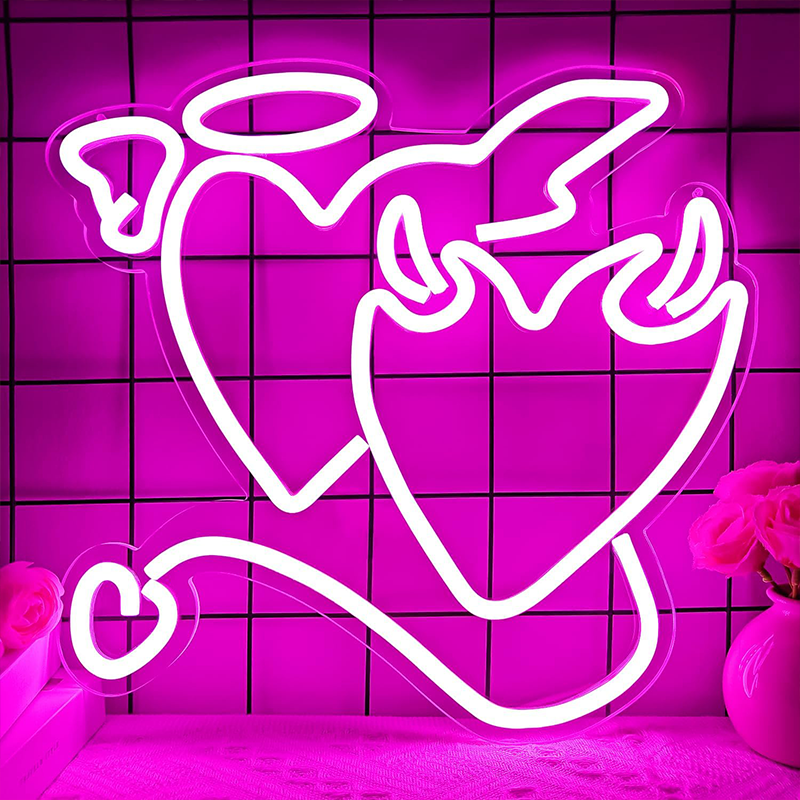 Néon LED Cœurs Ange & Démon rose – Décoration murale lumineuse design