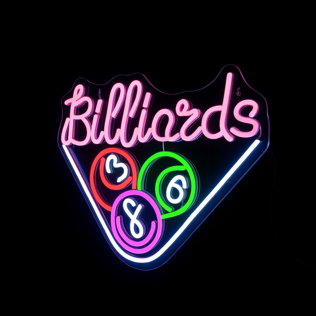 Néon LED Billiards lumineux sur support transparent, enseigne décorative moderne.