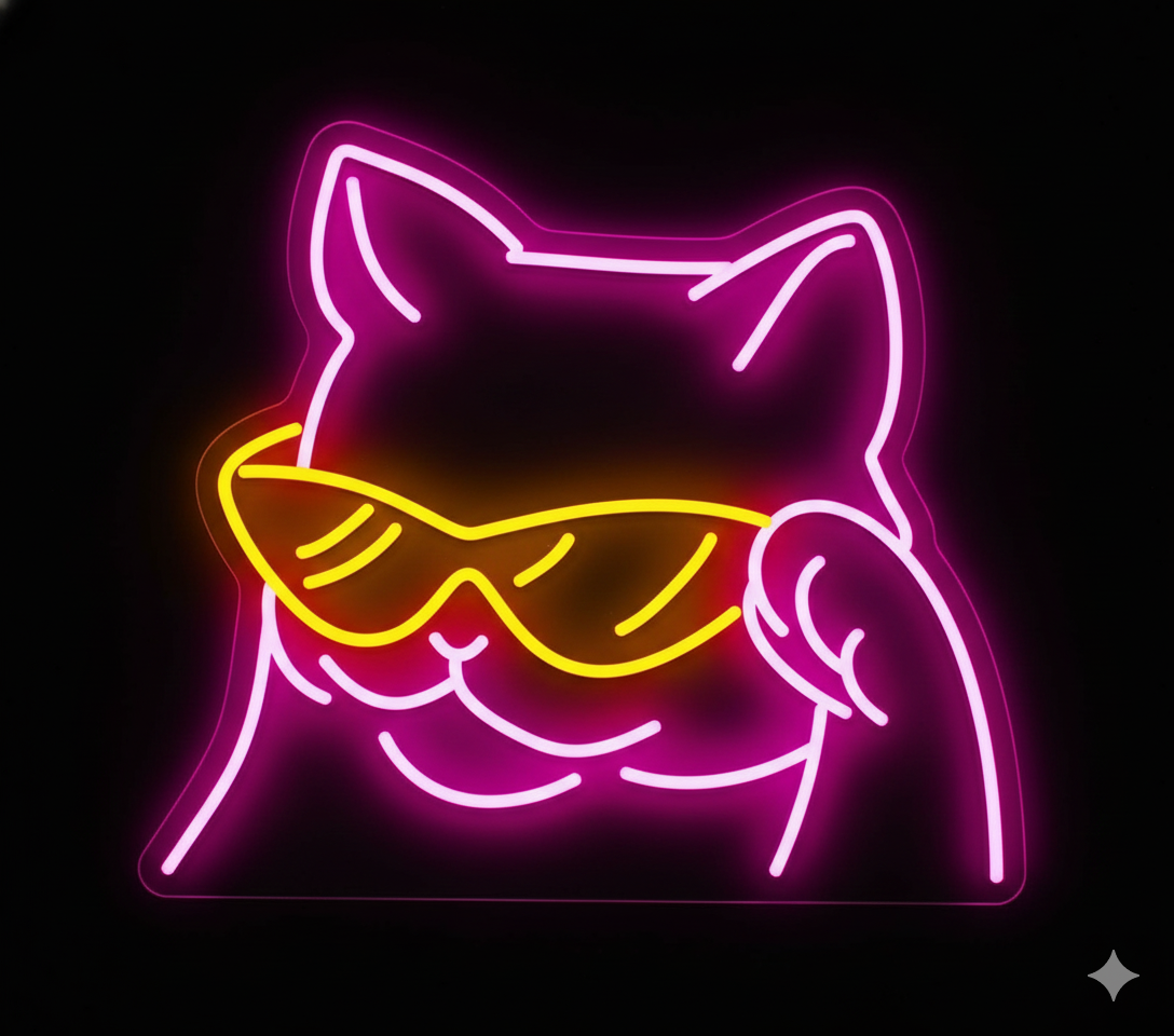 Néon LED Chat Lunettes rose et jaune – décoration murale lumineuse design