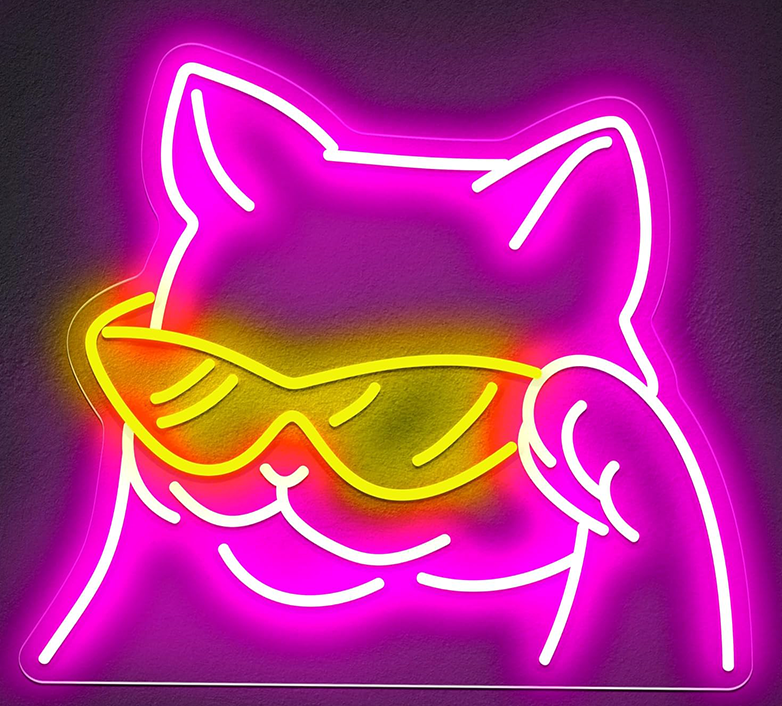 Néon LED Chat Lunettes rose et jaune – décoration murale lumineuse design