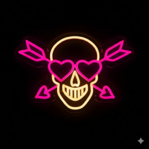 Néon LED Tête de Mort Love rose et jaune avec cœur et flèches – décoration murale lumineuse.