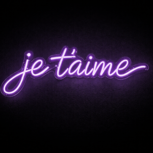 Néon LED je t’aime violet sur fond noir, enseigne lumineuse décorative au rendu néon véritable