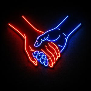 Néon LED représentant deux mains entrelacées en rouge et bleu, symbole de lien et de connexion