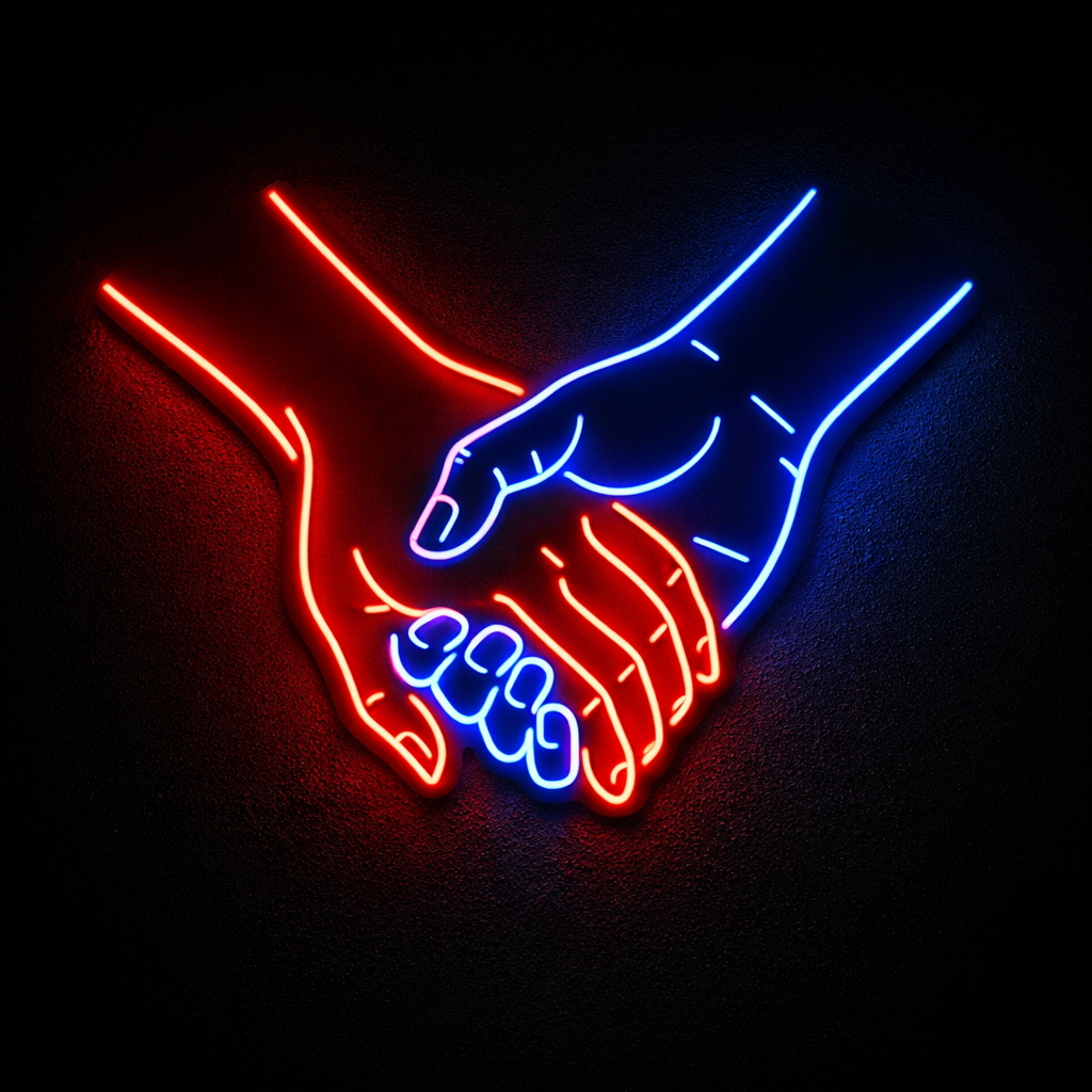 Néon LED représentant deux mains entrelacées en rouge et bleu, symbole de lien et de connexion