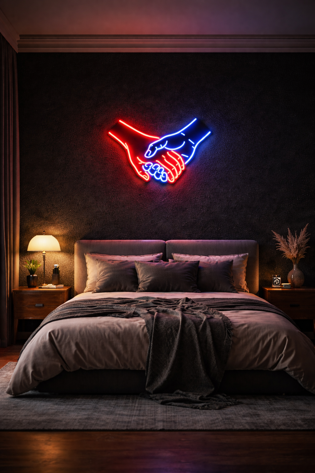 Néon LED représentant deux mains entrelacées en rouge et bleu, symbole de lien et de connexion