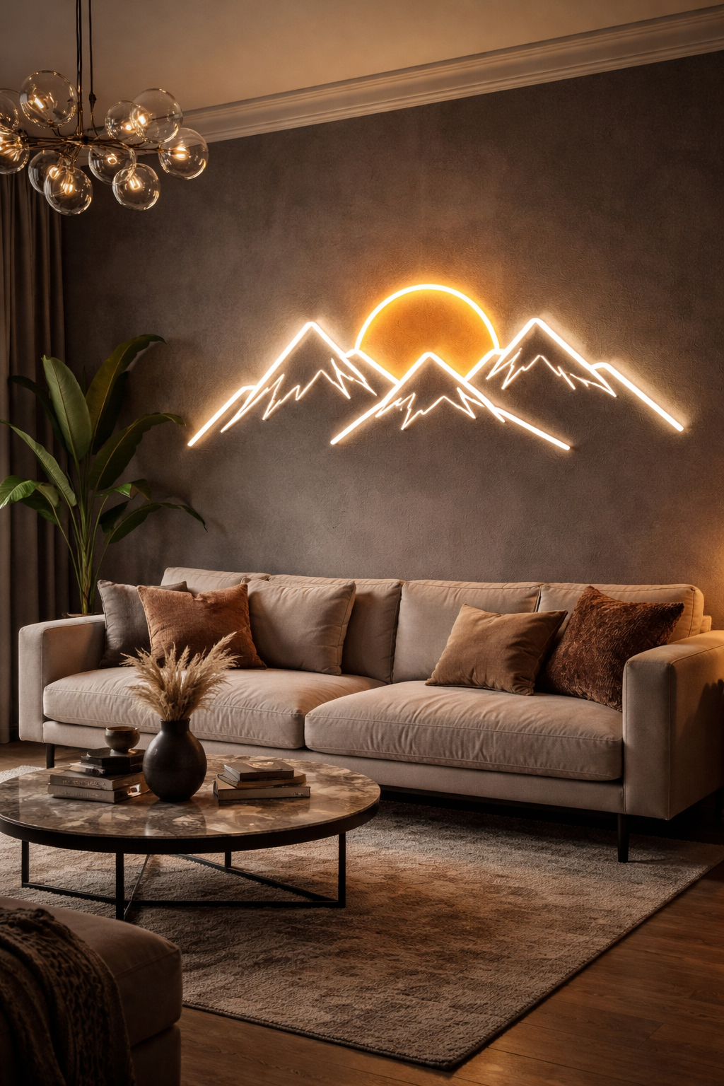 Néon LED décoratif représentant des montagnes et un soleil lumineux au style minimaliste design